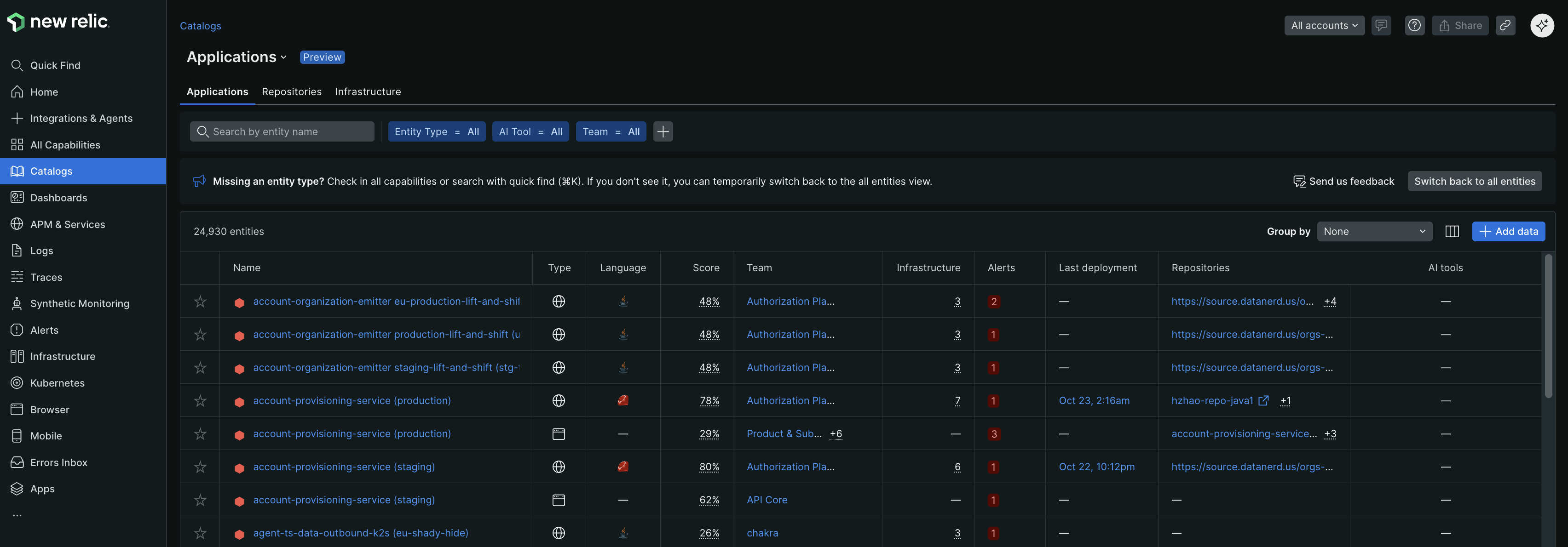 Entity filter bar in Catalogs Current entity filter bar interface showing search and filter options