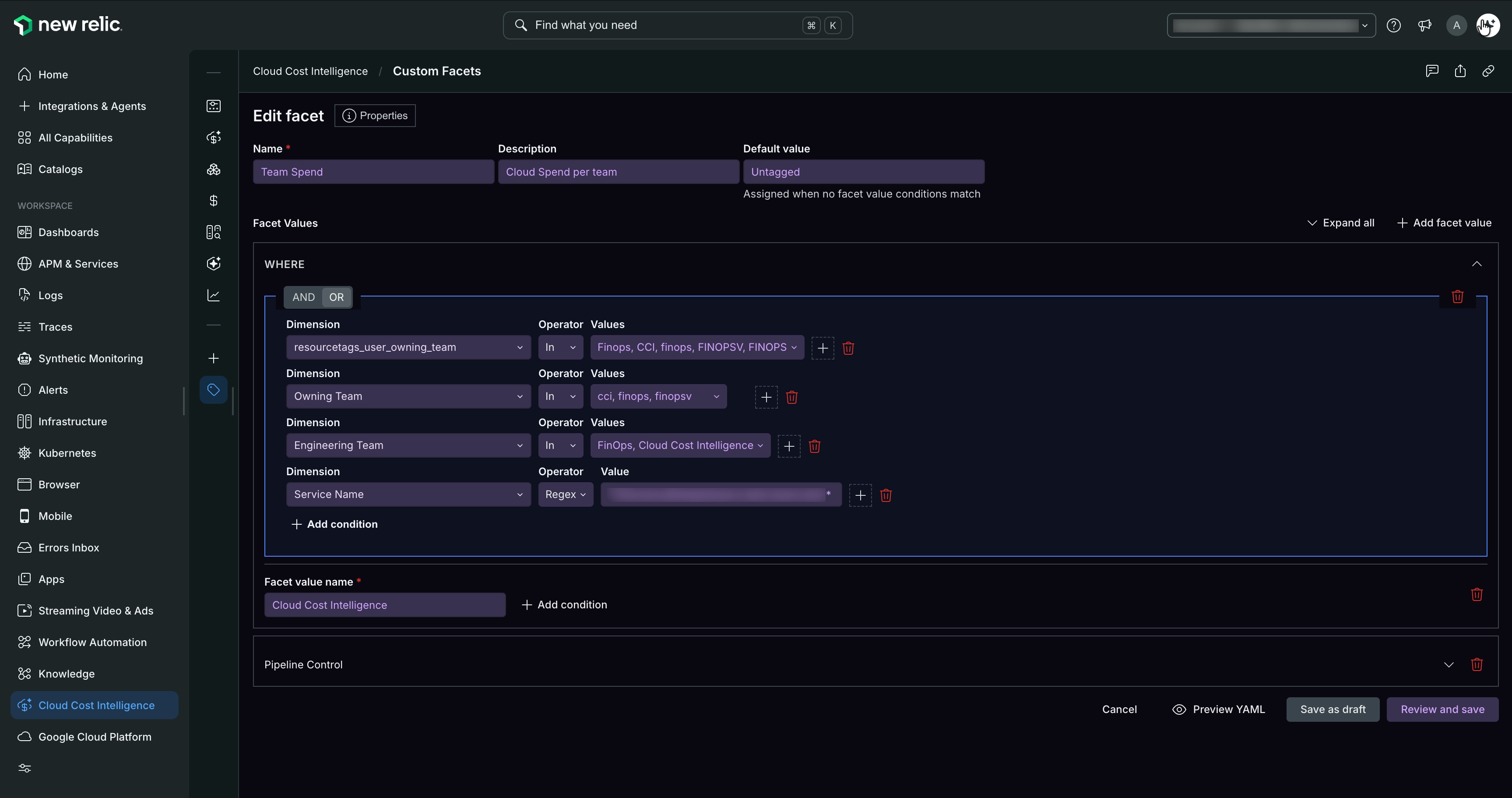 Cloud cost intelligence add facet A form for adding a custom facet with condition fields for dimension, operator, and values
