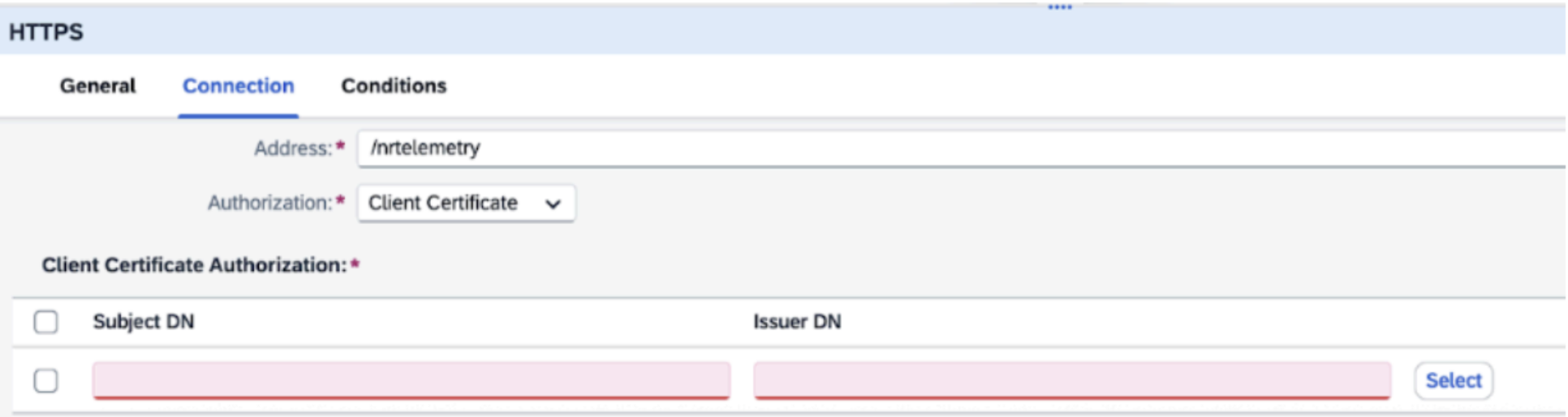 iFlow authorization configuration with Client Certificate selected and root certificates section iFlow authorization configuration with Client Certificate selected and root certificates section
