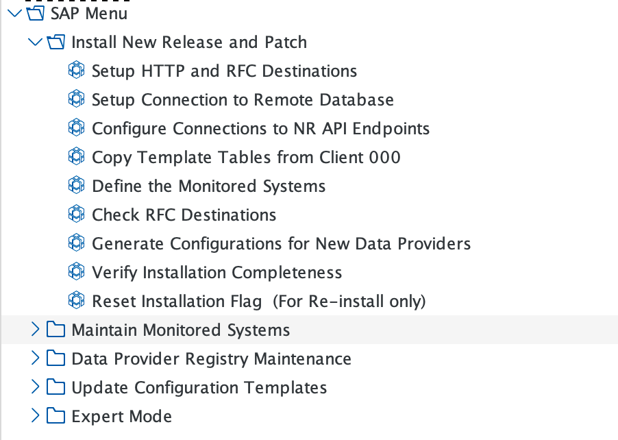 Configure New Relic A screenshot displaying the SAP install new release and patch