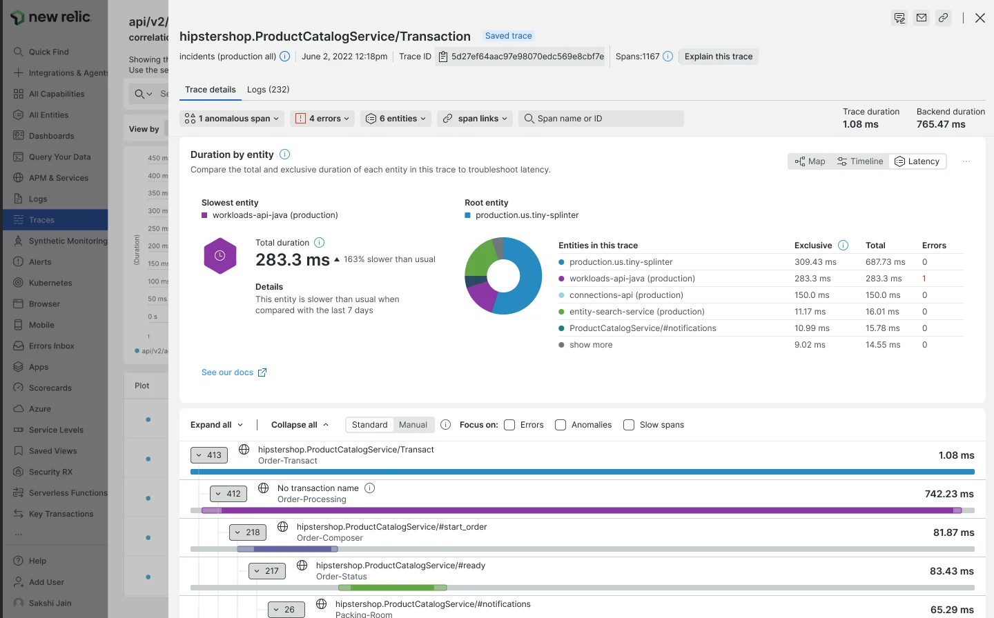 Distributed tracing span links filter Screenshot showing the span links filter badge in the trace details UI