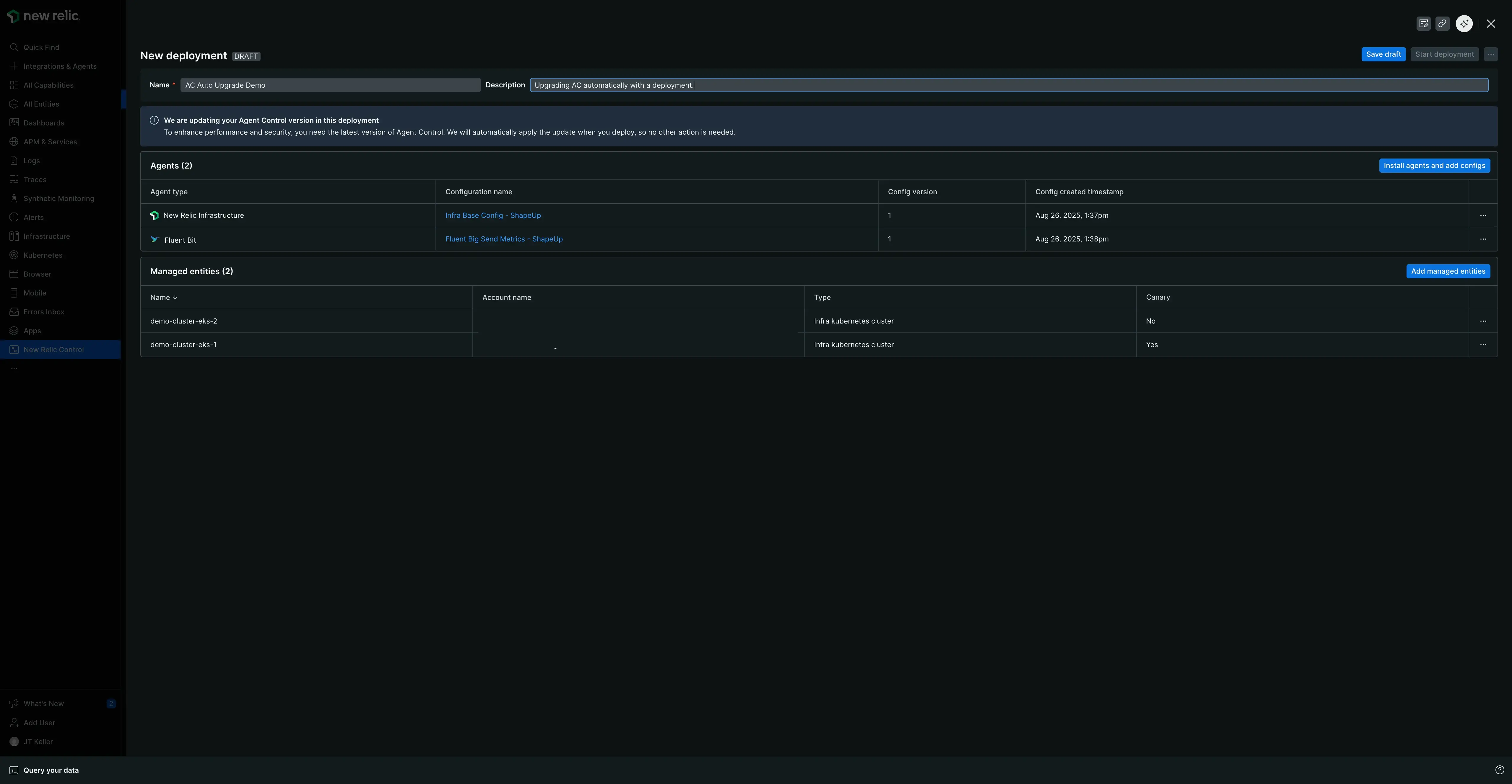 Agent Control auto-upgrade notification The Agent Control auto-upgrade notification banner shown in the deployment pane.