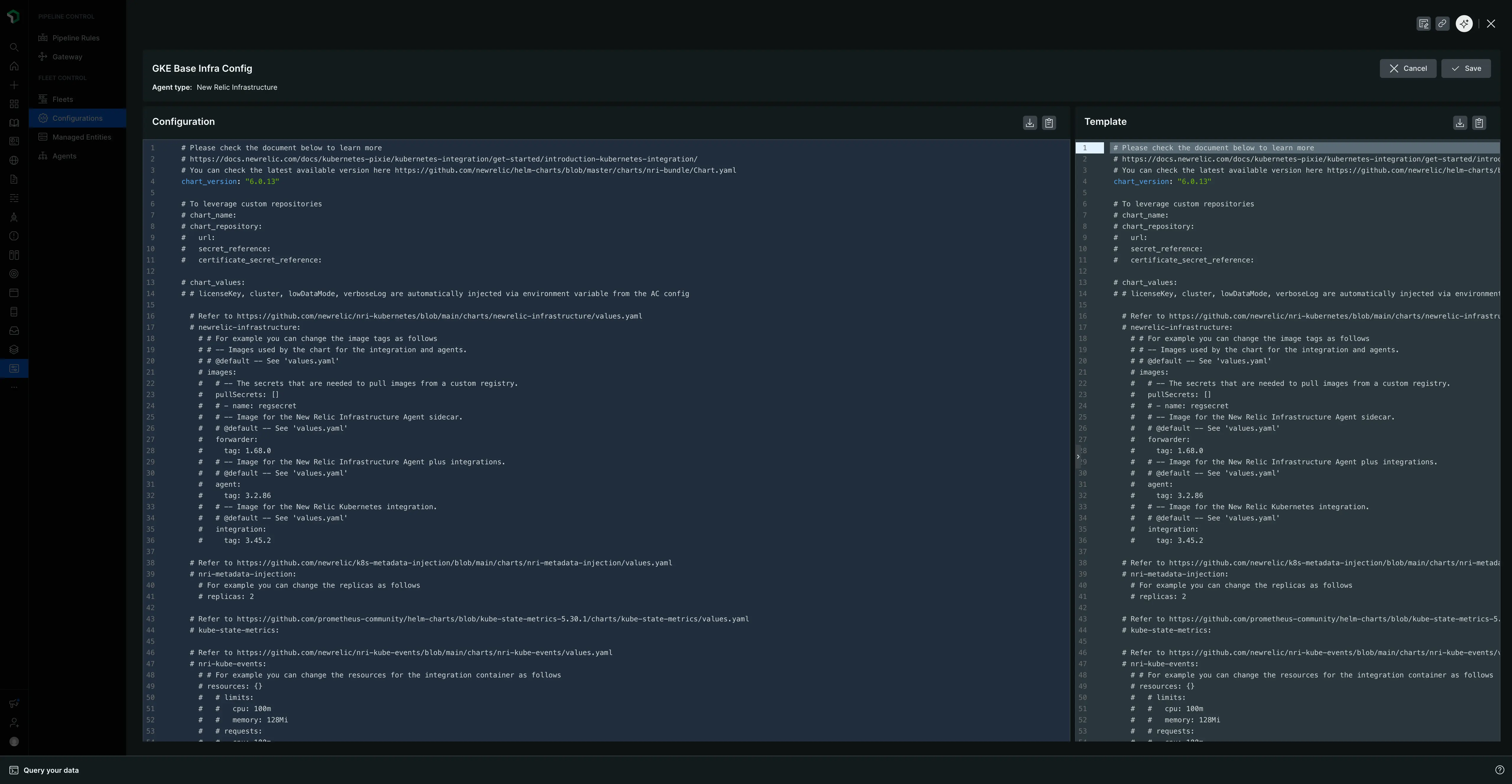 Create a fleet configuration editor The 'Create a configuration editor' with template and content panes for easily authoring a configuration.