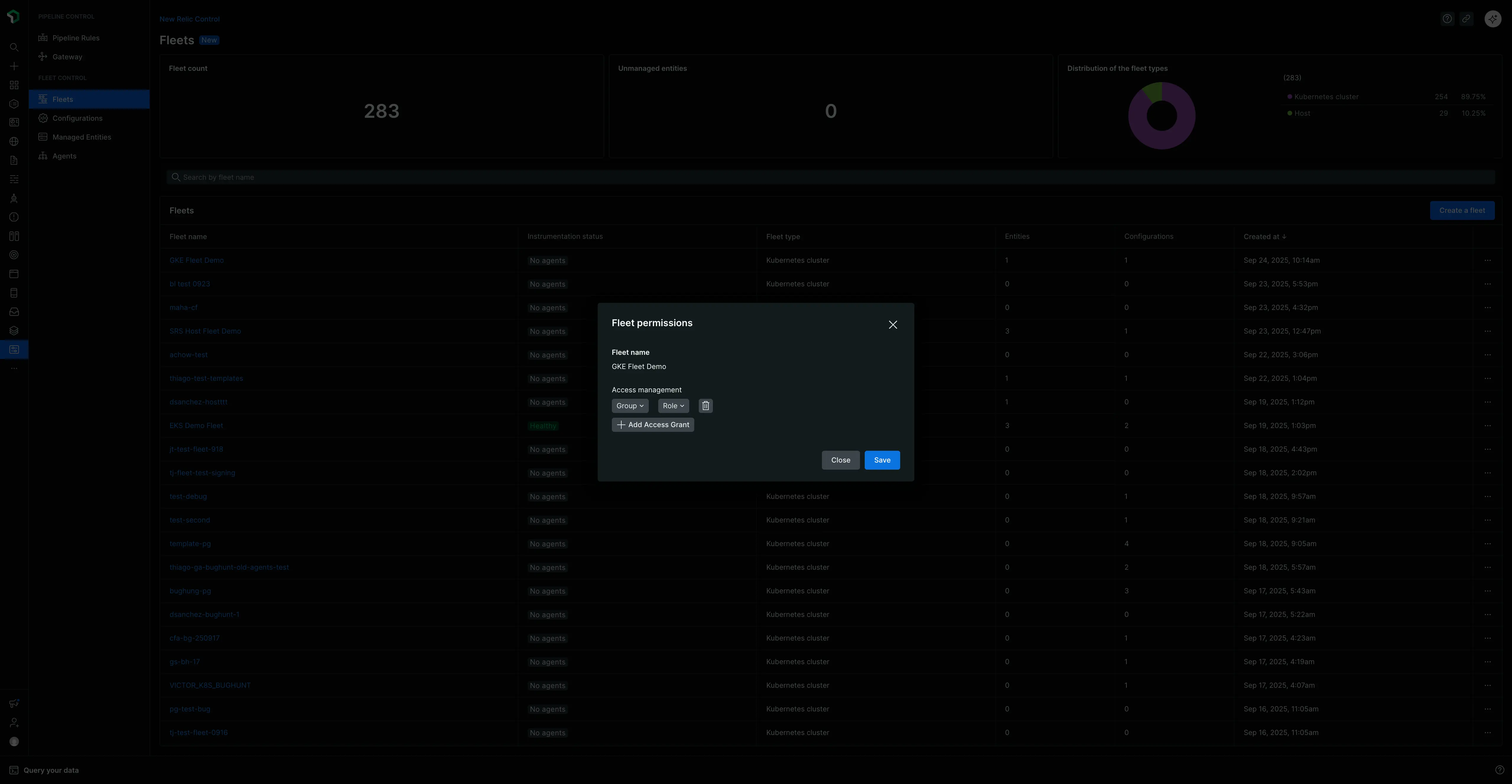 Fleet permissions modal The Fleet Permissions modal showing dropdowns to select a user group and the Fleet Manager role.