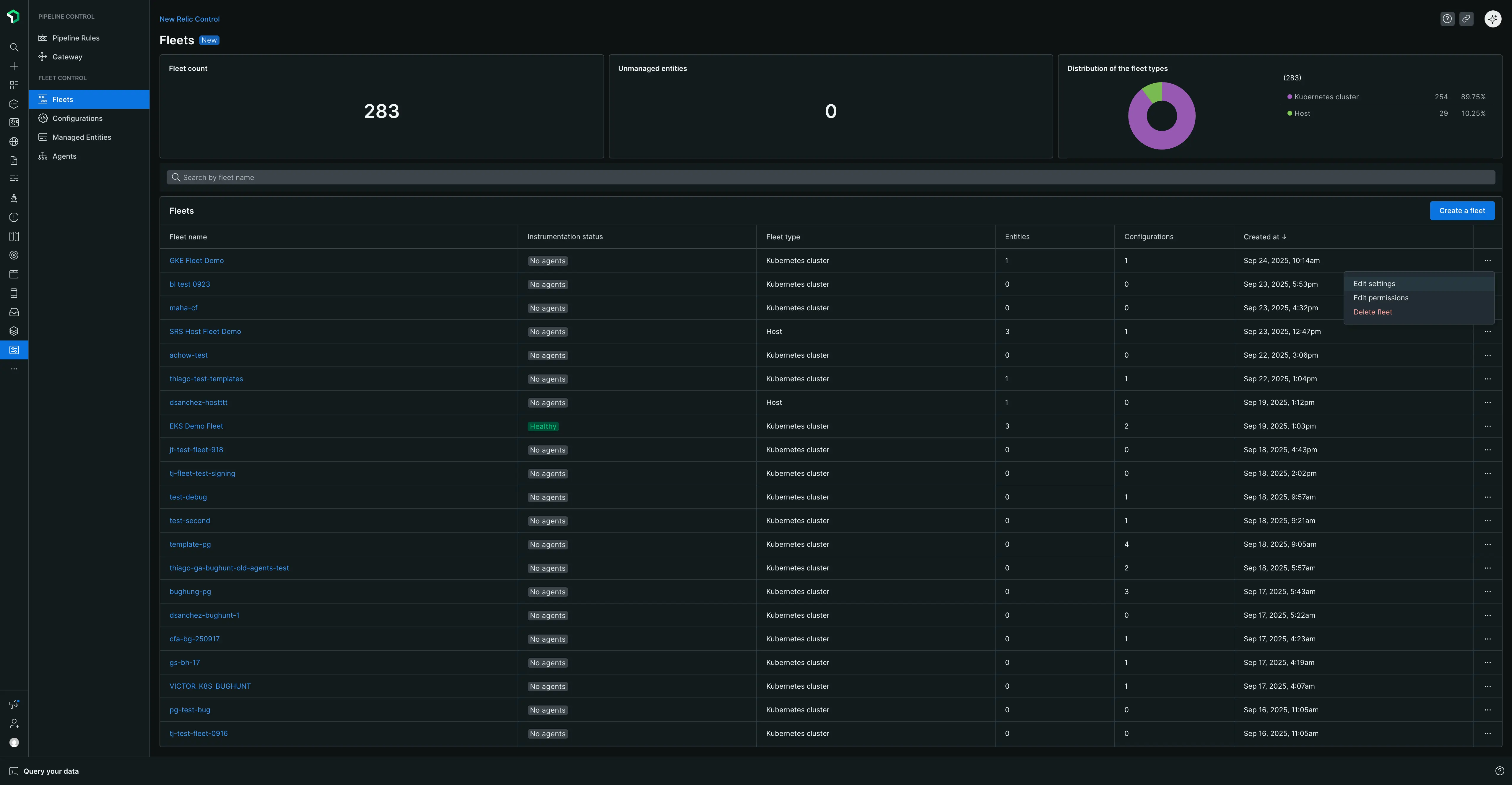 Fleet actions Reveal a number of fleet actions by clicking the ellipsis button in that fleet's corresponding row.