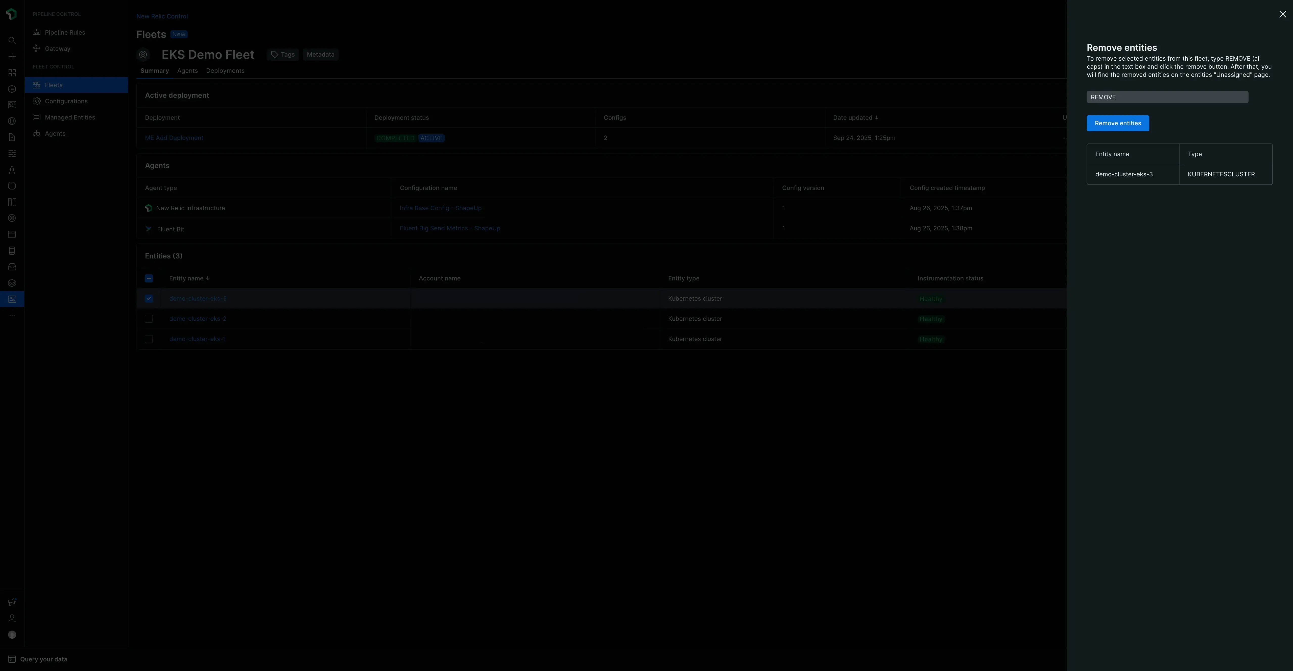 Removing a managed entity from a fleet The verification screen for confirming the removal of an managed entity from a fleet.