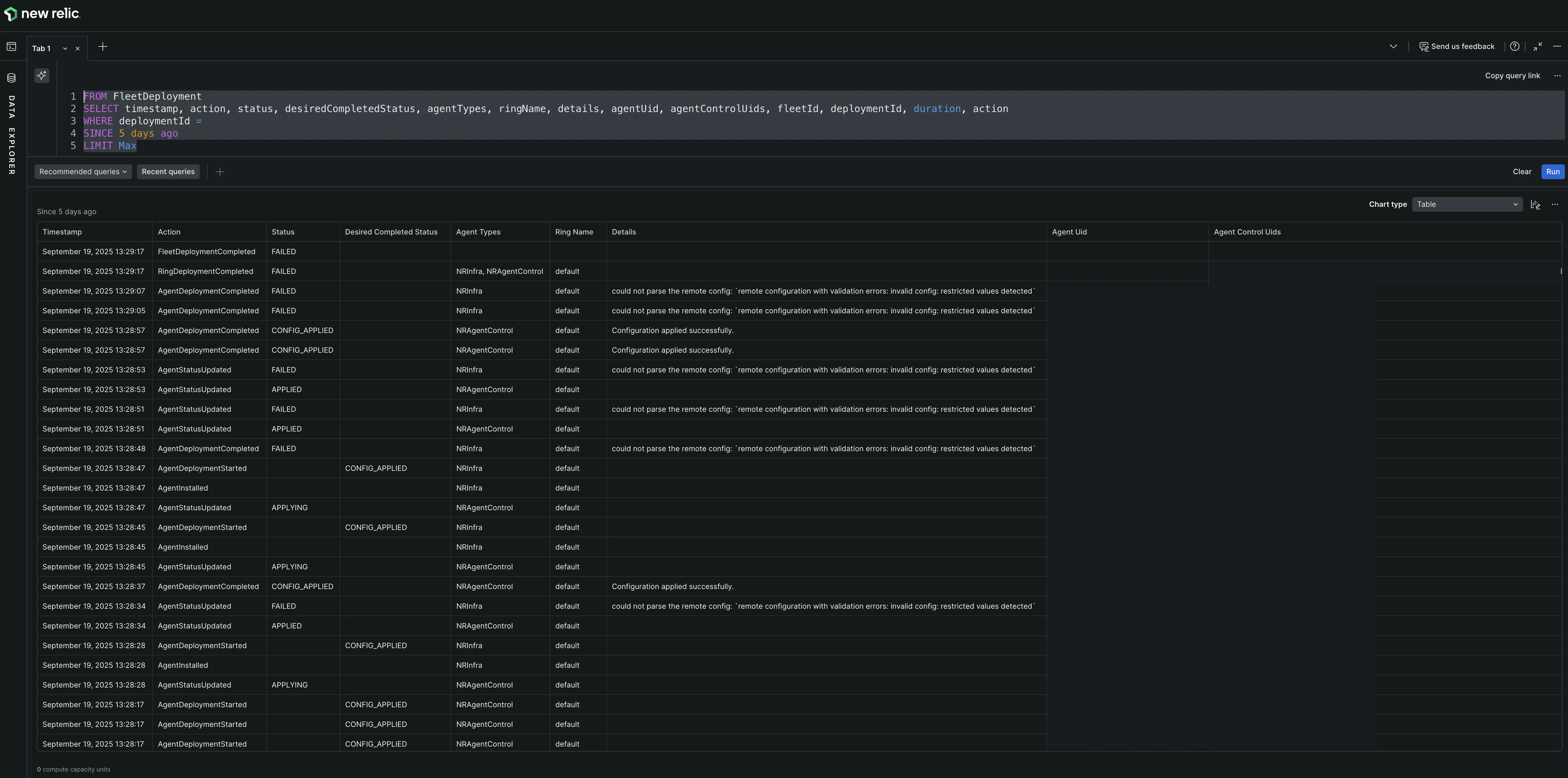 Fleet Control troubleshooting with NRQL The results of a NRQL query in table format in New Relic's Data Explorer for diagnosing deployment issues.