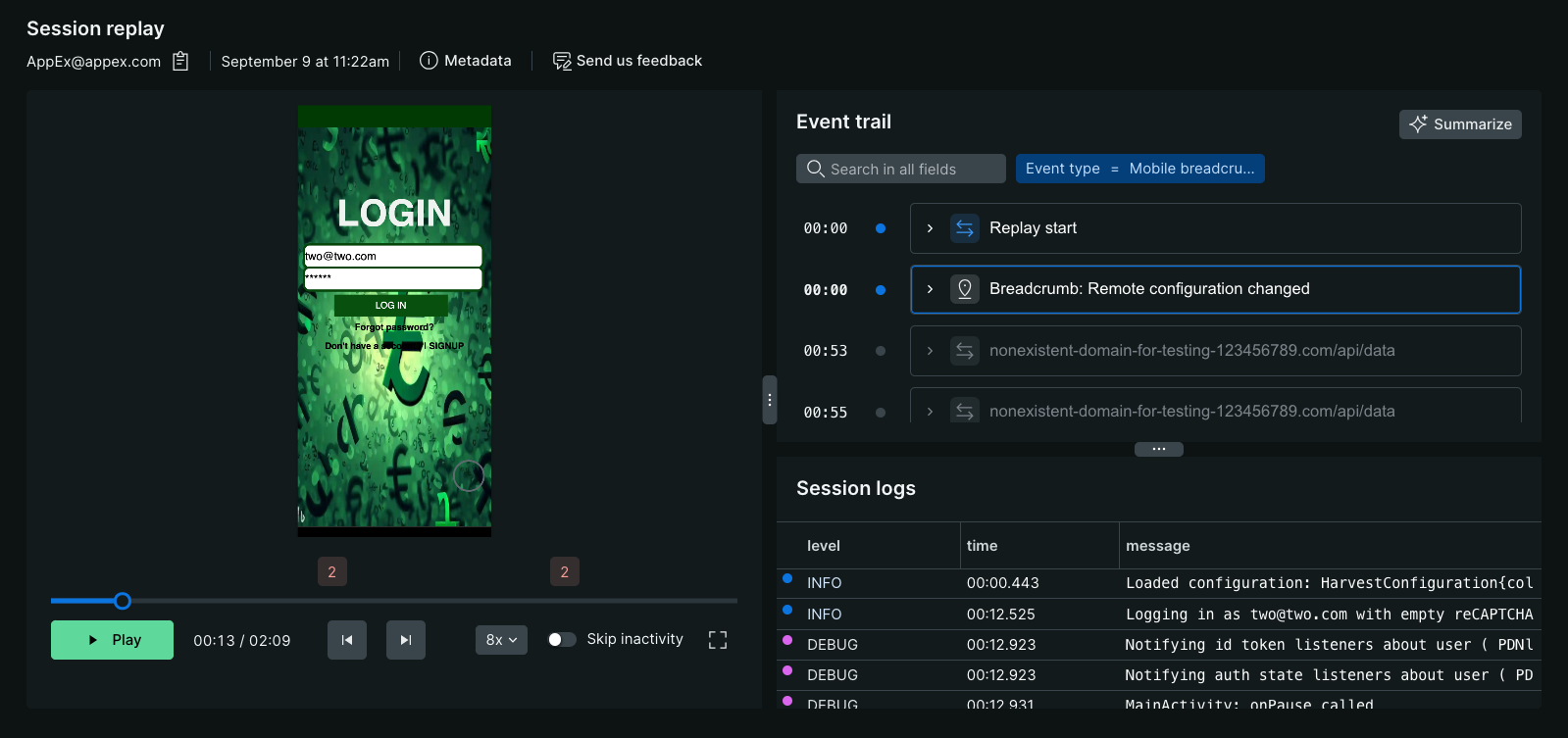 New Relic - Mobile Session Replay Mobile Session Replay player interface showing a mobile app session with timeline controls, device frame displaying app screens, and synchronized telemetry data panel