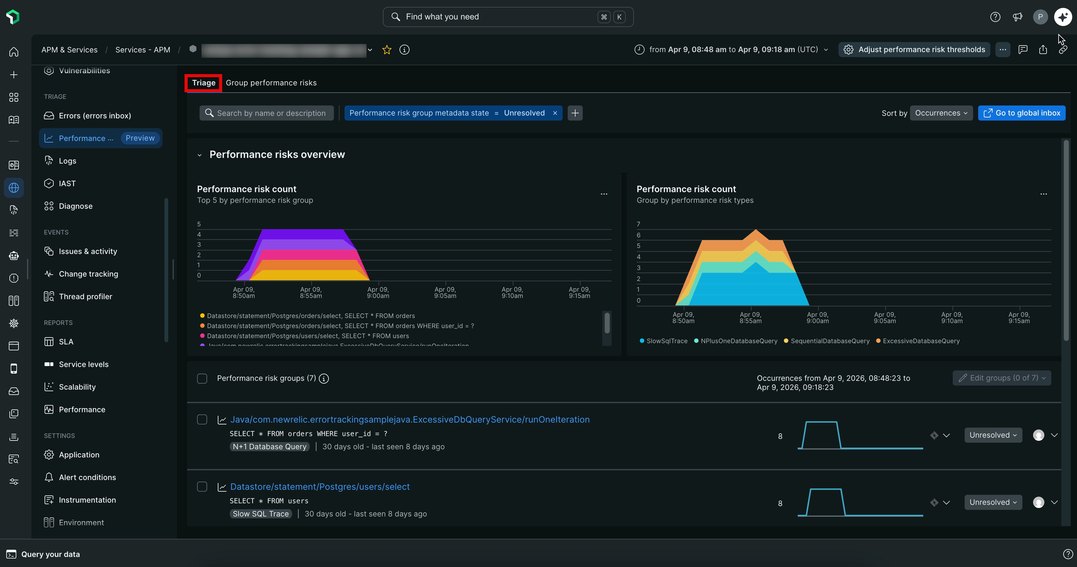 Screenshot of the Triage view in Performance Risks inbox showing pre-grouped performance issues. Screenshot of the Triage view in Performance Risks inbox showing pre-grouped performance issues.