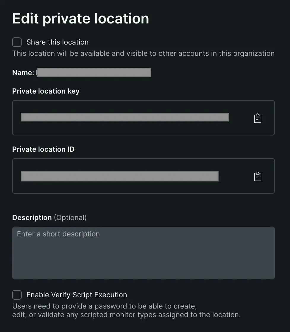 Private location edit screen with key Screenshot showing the Edit screen where you can access and copy the private location key