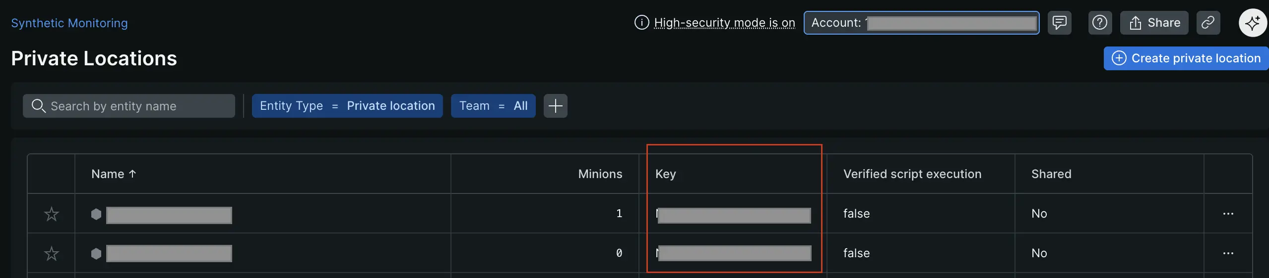 Private locations list view Screenshot showing the private locations list without the key column