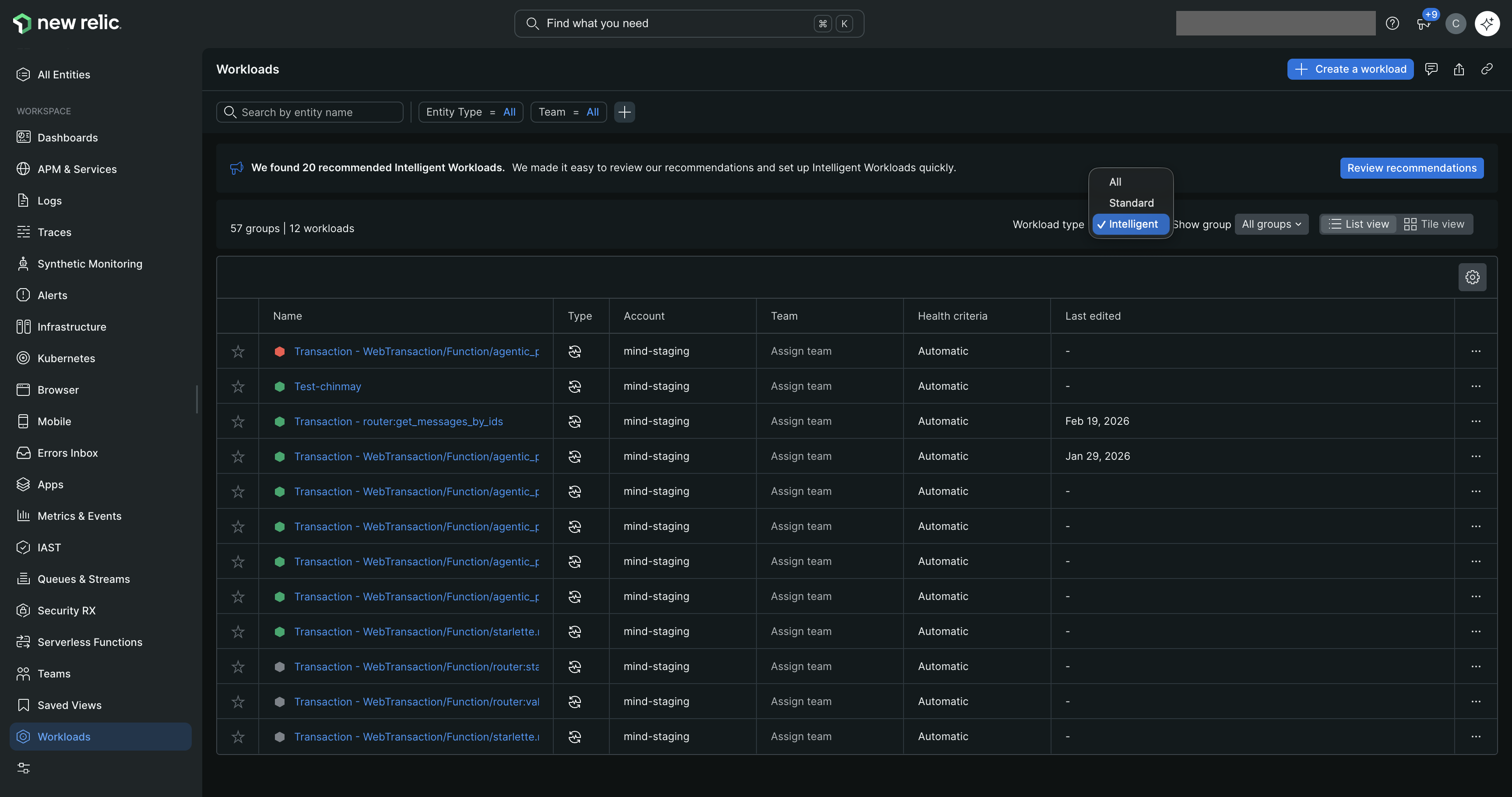 Workload summary page Workload summary page showing health status and entities